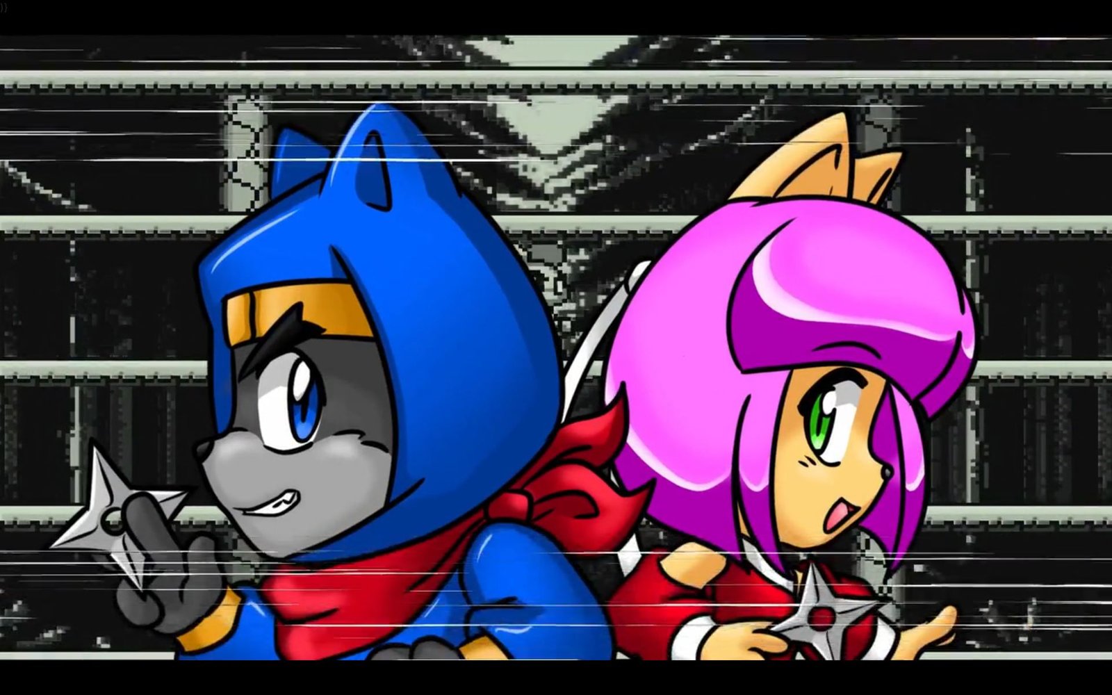 1990年代日本アニメ風の猫忍者が活躍する，懐かしい一画面アクション