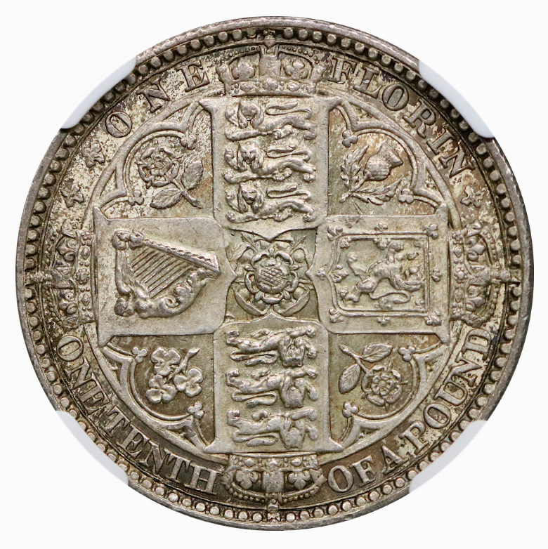 1849年 英国 ヴィクトリア女王 ゴシック ゴッドレス フローリン銀貨